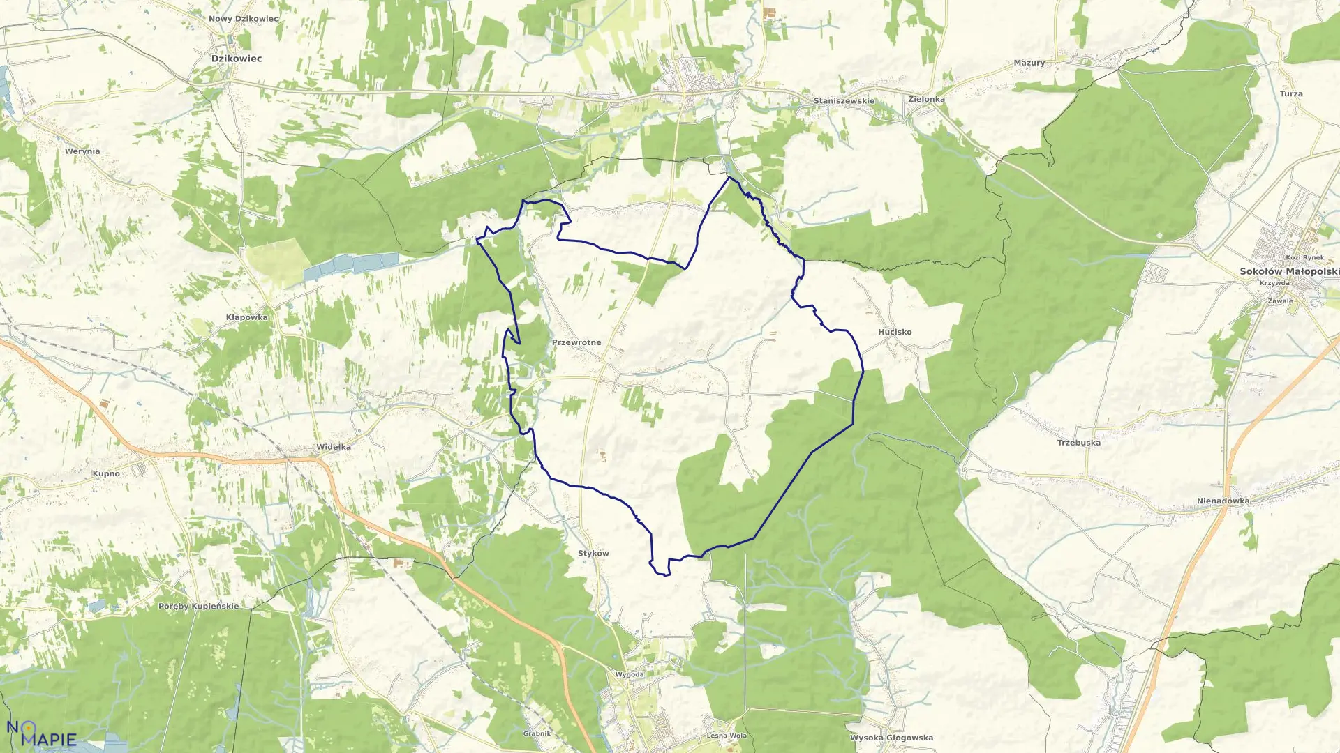 Mapa obrębu Przewrotne w gminie Głogów Małopolski