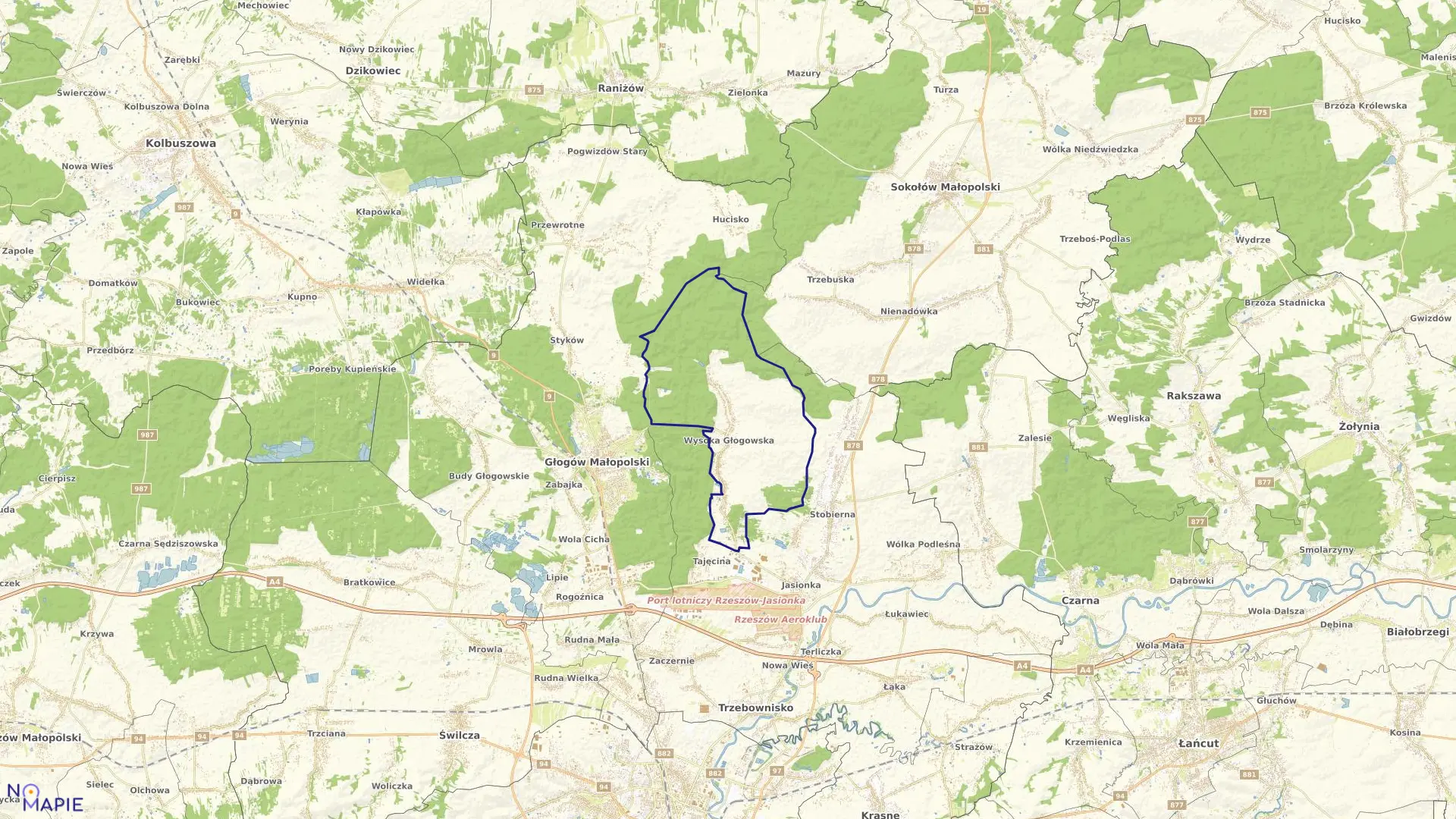 Mapa obrębu Wysoka Głogowska w gminie Głogów Małopolski